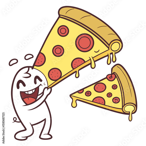 A happy character joyfully holding a slice of pepperoni pizza vector art