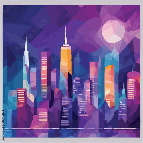Vibrant Cityscape at Night Abstract Illustration of a Skyline Under the Moon