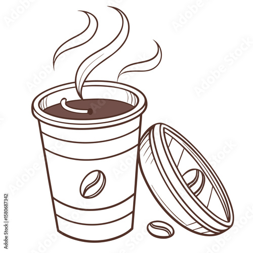 A steaming cup of coffee with a lid and beans vector art