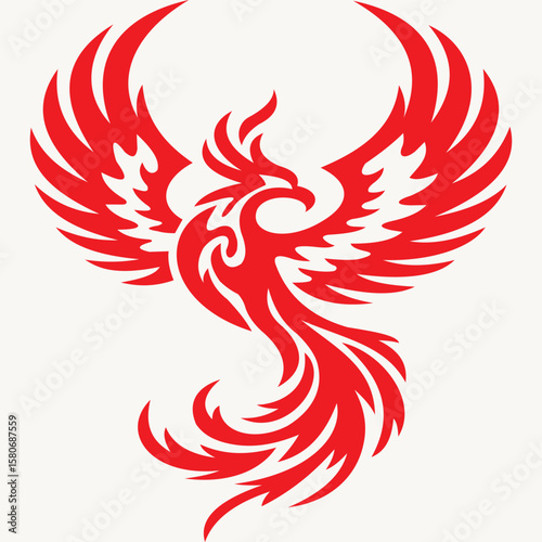 This dynamic illustration features a striking phoenix in vibrant red, capturing the bird's majestic wings and fiery tail in an elegant design.