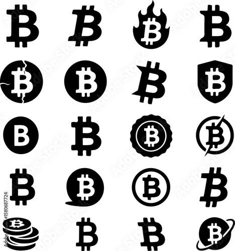Collection of sixteen diverse black bitcoin cryptocurrency symbols and icons representing various aspects of digital finance and blockchain technology