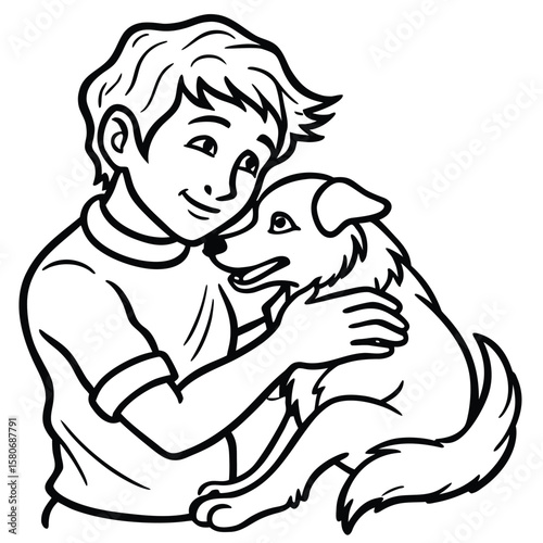 Young boy embracing his beloved dog with affection and care silhouette