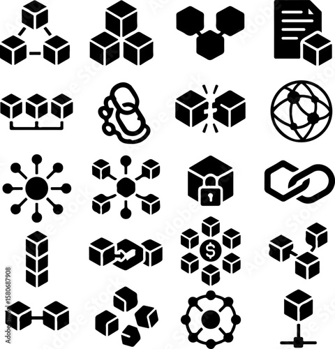 Collection of black blockchain and network icons representing distributed ledger technology data security and interconnected systems in a digital format