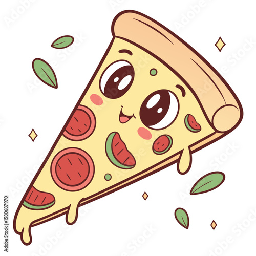 Cute cartoon pizza slice with pepperoni and basil vector art