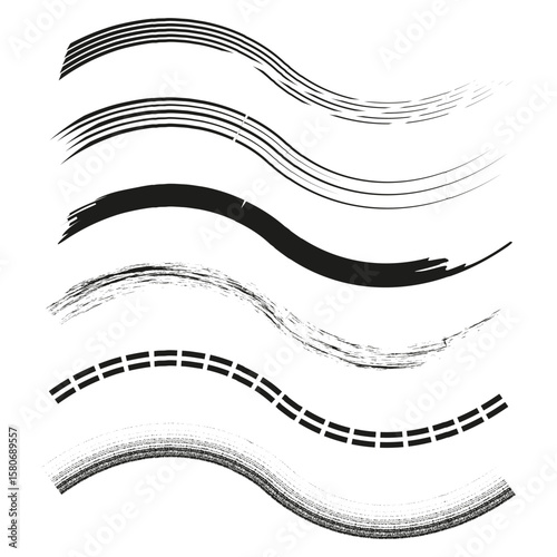 Wavy stroke bundle. Multi style lines. Grunge curve elements. Vector brush symbol.