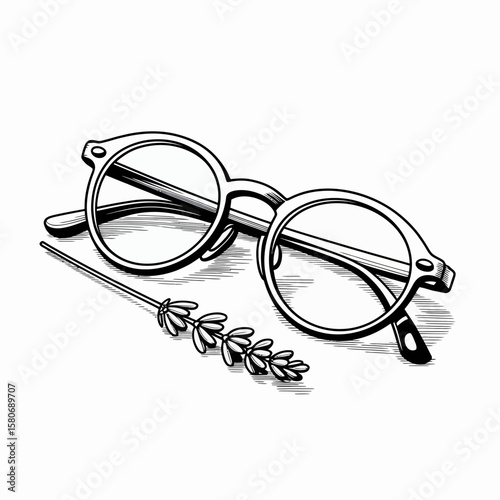 Vintage round eyeglasses and lavender sprig isolated on white background