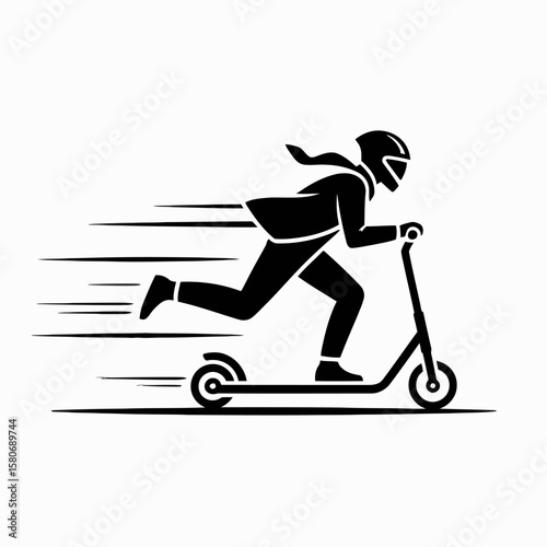 Stylized silhouette of a person in a suit and helmet riding a scooter at speed isolated on white background