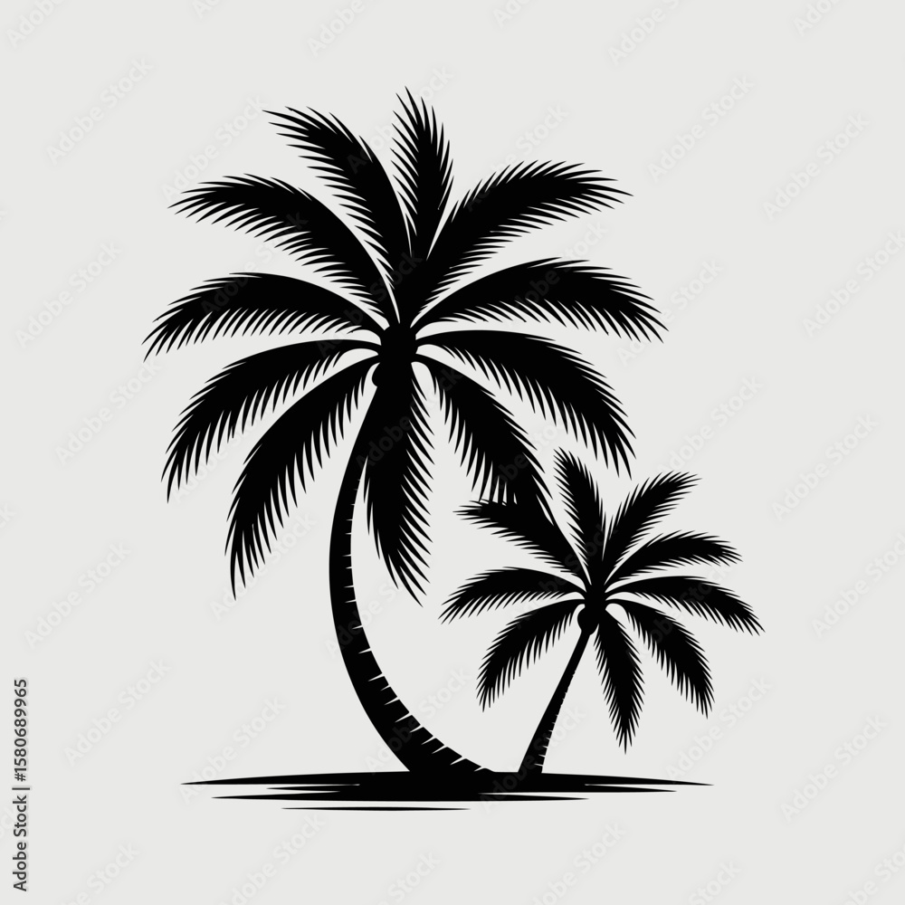 Fototapeta premium Two black silhouette palm trees isolated on white background