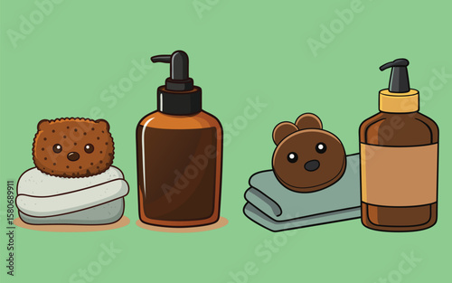 Brown glass Vector serum bottle with plush bear sponge and black towel on cream background