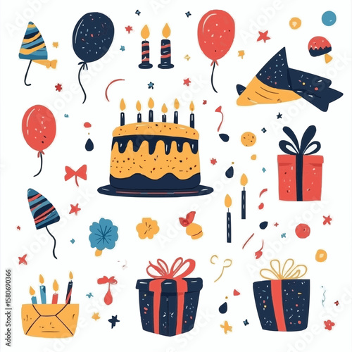 A cute flat cartoon clipart collection of birthday items for kids, great for scrapbooking pages, printable crafts, and creative party projects