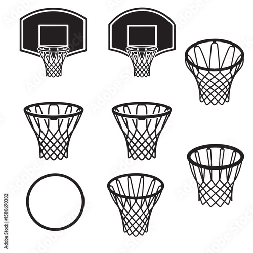 black vector various style Basketball hoop, basketball and goal, net, ring icon silhouettes set