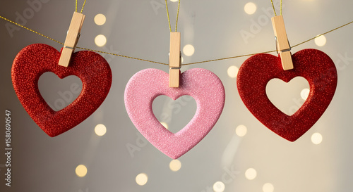 Hanging glitter heart decorations with bokeh lights in soft background perfect for romantic celebration love themed event invitations marketing and seasonal visual content