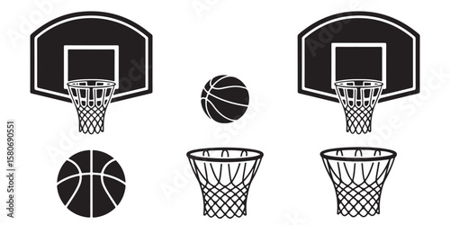 black vector various style Basketball hoop, basketball and goal, net, ring icon silhouettes set