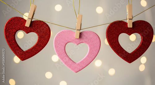 Hanging glitter heart decorations with bokeh lights in soft background perfect for romantic celebration love themed event invitations marketing and seasonal visual content