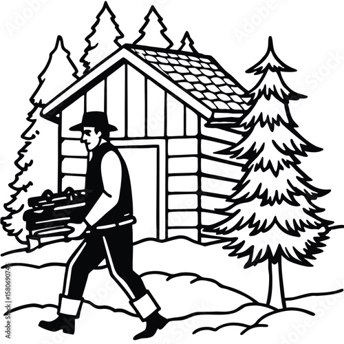 Man carrying firewood towards a rustic cabin surrounded by pine trees silhouette
