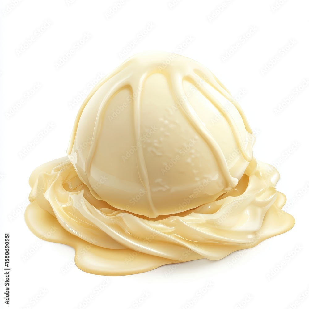Fototapeta premium Creamy vanilla ice cream scoop with flowing liquid topping isolated on white background