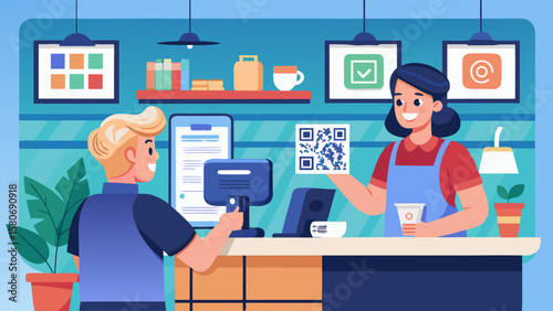 Qr code scan payment at caf  or shop counter illustration for modern finance app