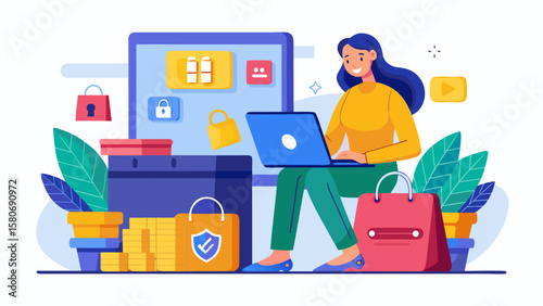 Woman shopping online on laptop with secure pa illustration for modern finance app