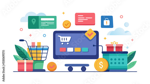 E commerce shopping cart checkout scene with illustration for modern finance app