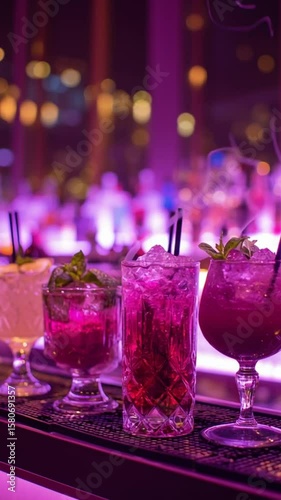 Various colorful cocktails with ice and mint, one smoking, on a bar counter in nightclub light.