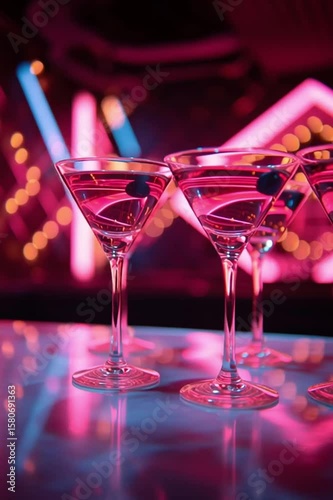 Set of pink martini glasses with olives on nightclub table, glowing neon lights in background.