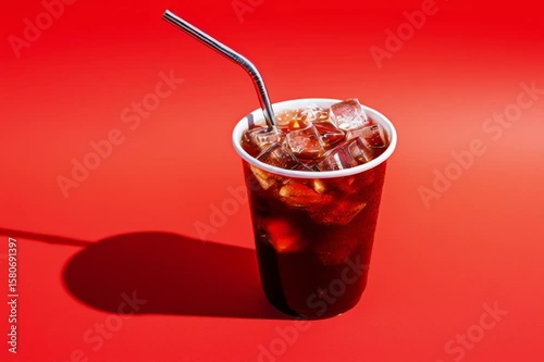 Plastic cup filled with soda and ice cubes, metal straw inside, casting a shadow on red background.