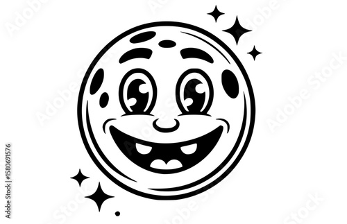 Hand drawn vector illustration of a happy cartoon moon with a friendly face and stars in a retro style, svg, transparent, isolated