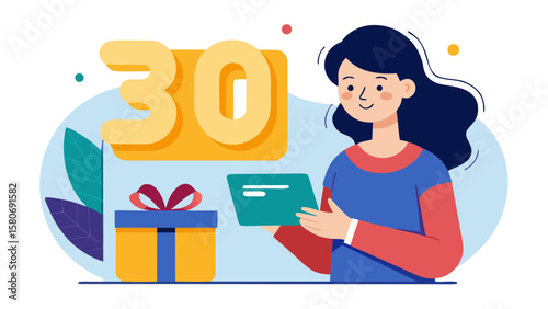Woman confirming purchase of digital gift car illustration for modern finance app