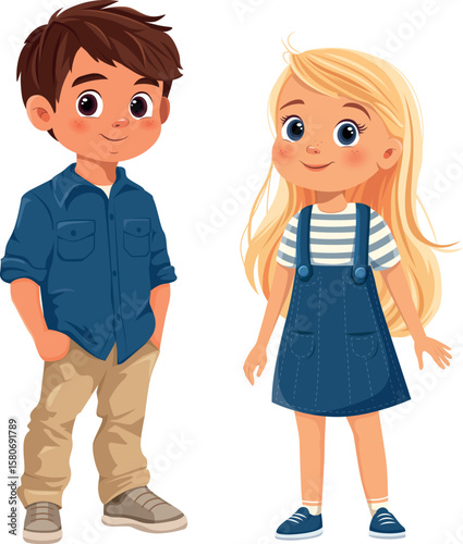 Cartoon boy and girl in casual clothes vector illustration
