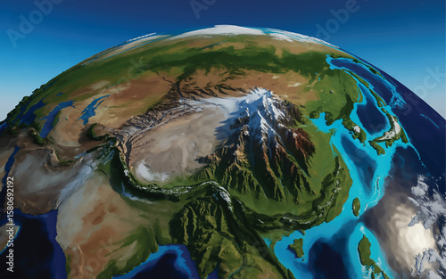 A photorealistic 3D topographic map of a mountainous region rendered in a photorealistic style