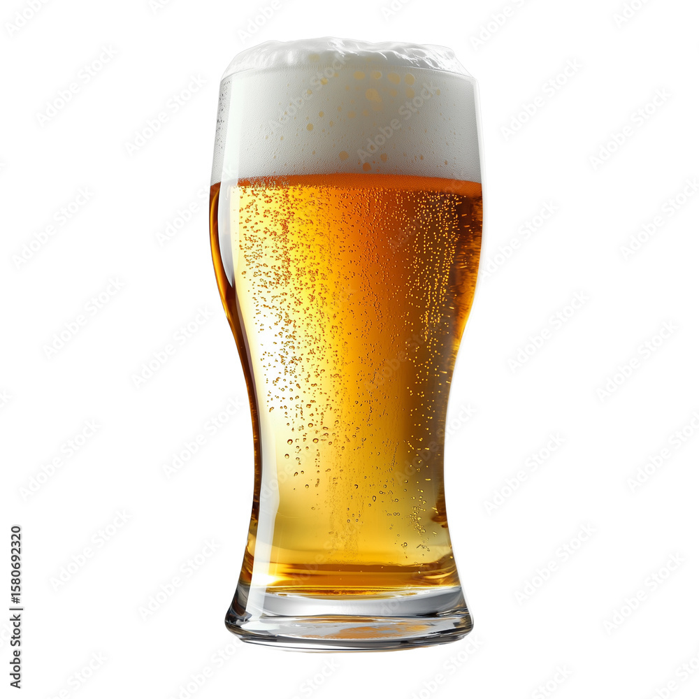 A glass of beer filled with golden liquid and a frothy white head, showcasing bubbles and condensation. isolated on white background and transparent background A glass of beer filled with golden liquid and a frothy white head, showcasing bubbles and condensation. isolated on white background and transparent background