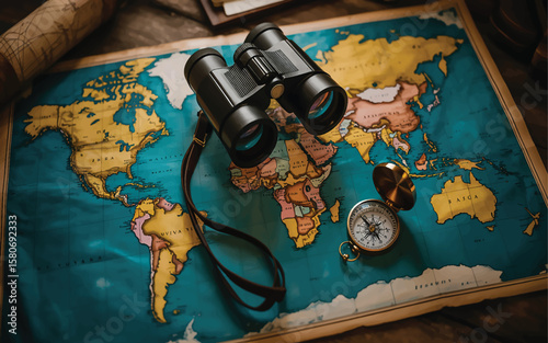 A vintage-style photograph of a world map with black binoculars and a compass lying on top