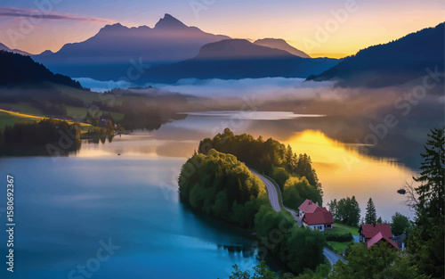 An aerial photograph of a serene mountain lake landscape during sunrise 