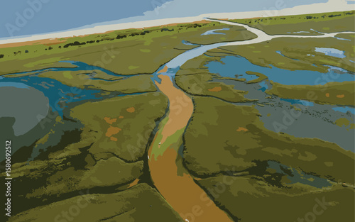 The river has a distinctive orange-brown color and creates a meandering path through the landscape 