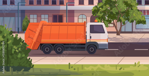  Garbage truck against a modern cityscape in the background. Waste sorting and recycling concept. Vector Not AI generated
