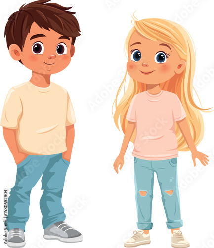 Cartoon boy and girl in summer casual sport outfits vector illustration