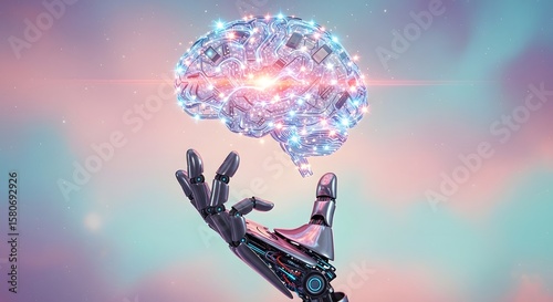 Robotic hand holding glowing brain futuristic technology concept