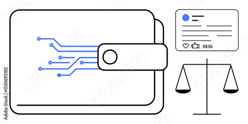 Closed wallet with circuit lines, social media interface card, and balance scales reflect technology, finance, and morality. Ideal for fintech, legality, ethics, justice social media cybersecurity