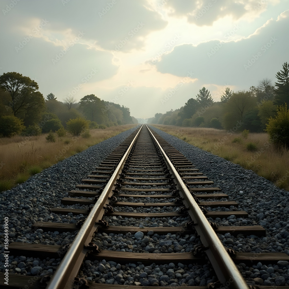 Fototapeta premium Railway Tracks Stretching Into the Distance with Overcast Sky