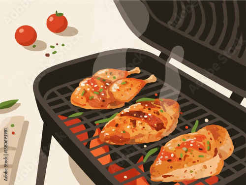 Seasoned chickens are being slowly grilled in a grill so that the spices are absorbed, the fat drips off, and the meat is more tender.