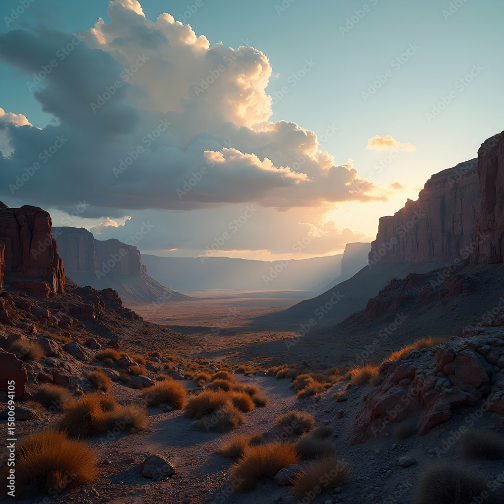 Fototapeta premium Scenic Valley View with Sandstone Formations and Clouds at Sunset