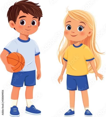 Cartoon boy and girl in sportswear vector illustration