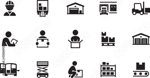 Warehouse and Logistics Icon Set – Storage, Inventory, Shipping, Delivery, Factory, Freight, Cargo, Boxes, Warehouse, Logistics, Distribution, Stock, Goods, Building, Icon