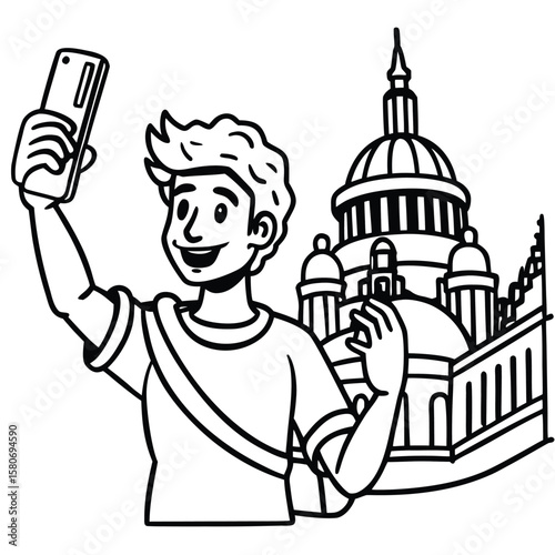 Young man taking a selfie with a famous dome building silhouette