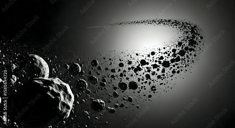 Obraz premium Monochrome Asteroid Field with Dark Space Rocks and Bright Light
