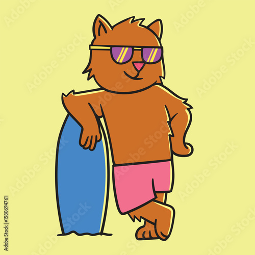 Surfing Cat in a Cool Standing Pose with Board