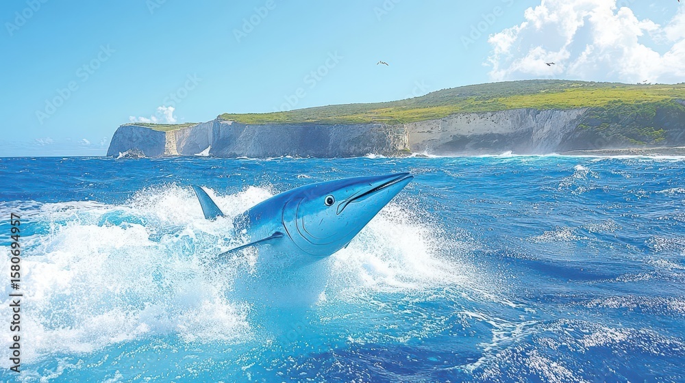 Naklejka premium Oceanic Fish Leaping, Coastal Cliffs