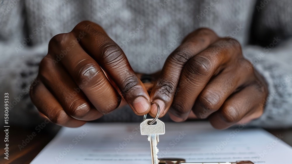 Obraz premium Hands holding a key above signed document, representing the acquisition of property, new beginning, achieving financial freedom and home ownership, future success.