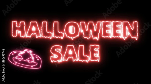 red neon sign HALLOWEESALE next to purple neon  slight flickering, night time, marketing for sale, save money, Halloween sale, advertisement, banner.