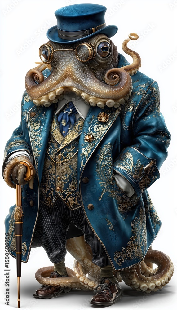 Fototapeta premium Octopus Anthropomorphic animal dressed in victorian era clothing illustration, standing on back legs like human, isolated on white backrgound